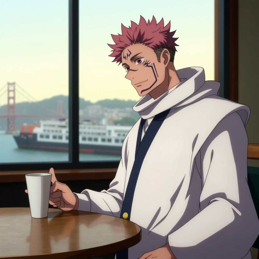Sukuna drinking coffee