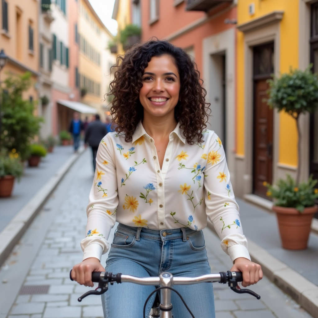 Woman riding bicycle in Italian town